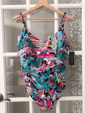 AQUA GREEN Tropical Print Ruched One Piece Swimsuit Sz XL NWT